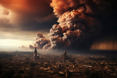 Dense smoke column rises over cityscape, suggesting fire or explosion. Dark, gray, orange hues; dramatic sky contrastの素材