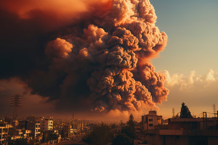 Dense smoke column rises over cityscape, suggesting fire or explosion. Dark, gray, orange hues; dramatic sky contrastの素材