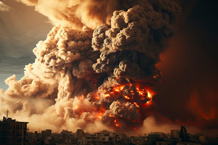 Dense smoke column rises over cityscape, suggesting fire or explosion. Dark, gray, orange hues; dramatic sky contrastの素材