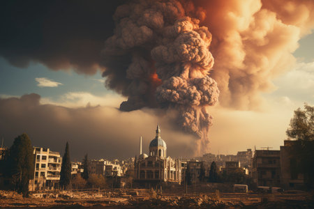 Dense smoke column rises over cityscape, suggesting fire or explosion. Dark, gray, orange hues; dramatic sky contrastの素材