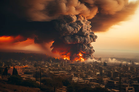 Dense smoke column rises over cityscape, suggesting fire or explosion. Dark, gray, orange hues; dramatic sky contrastの素材