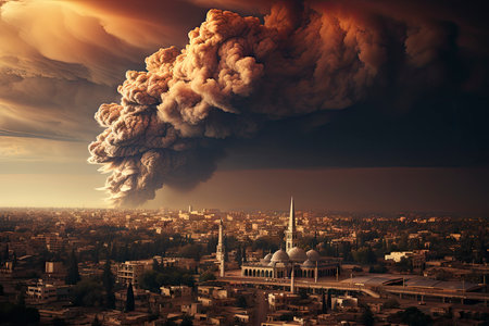 Dense smoke column rises over cityscape, suggesting fire or explosion. Dark, gray, orange hues; dramatic sky contrastの素材