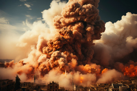 Dense smoke column rises over cityscape, suggesting fire or explosion. Dark, gray, orange hues; dramatic sky contrastの素材