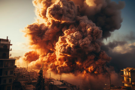 Dense smoke column rises over cityscape, suggesting fire or explosion. Dark, gray, orange hues; dramatic sky contrastの素材