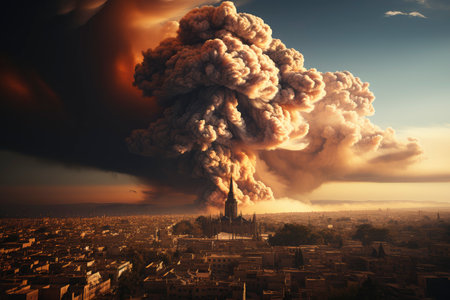 Dense smoke column rises over cityscape, suggesting fire or explosion. Dark, gray, orange hues; dramatic sky contrastの素材