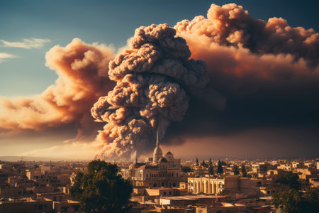 Dense smoke column rises over cityscape, suggesting fire or explosion. Dark, gray, orange hues; dramatic sky contrastの素材