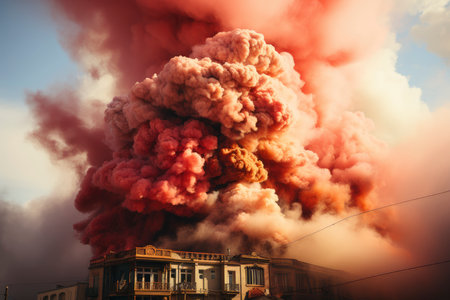 Dense smoke column rises over cityscape, suggesting fire or explosion. Dark, gray, orange hues; dramatic sky contrastの素材