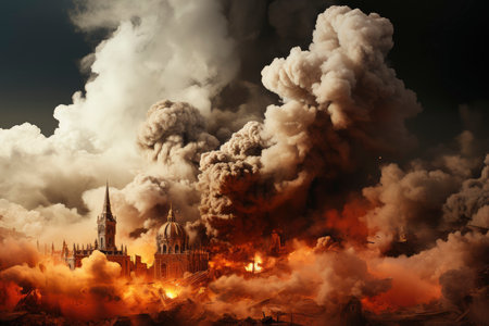 Dense smoke column rises over cityscape, suggesting fire or explosion. Dark, gray, orange hues; dramatic sky contrastの素材