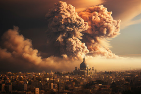 Dense smoke column rises over cityscape, suggesting fire or explosion. Dark, gray, orange hues; dramatic sky contrastの素材