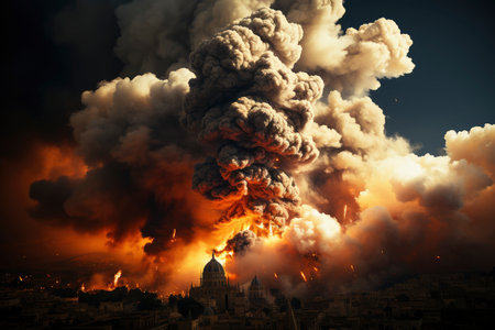 Dense smoke column rises over cityscape, suggesting fire or explosion. Dark, gray, orange hues; dramatic sky contrastの素材
