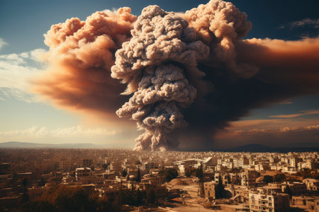 Dense smoke column rises over cityscape, suggesting fire or explosion. Dark, gray, orange hues; dramatic sky contrastの素材