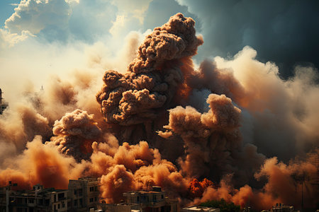 Dense smoke column rises over cityscape, suggesting fire or explosion. Dark, gray, orange hues; dramatic sky contrastの素材