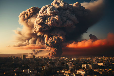 Dense smoke column rises over cityscape, suggesting fire or explosion. Dark, gray, orange hues; dramatic sky contrastの素材