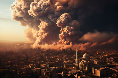 Dense smoke column rises over cityscape, suggesting fire or explosion. Dark, gray, orange hues; dramatic sky contrastの素材