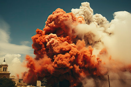Dense smoke column rises over cityscape, suggesting fire or explosion. Dark, gray, orange hues; dramatic sky contrastの素材