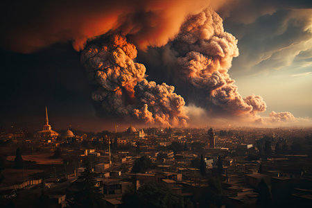 Dense smoke column rises over cityscape, suggesting fire or explosion. Dark, gray, orange hues; dramatic sky contrastの素材
