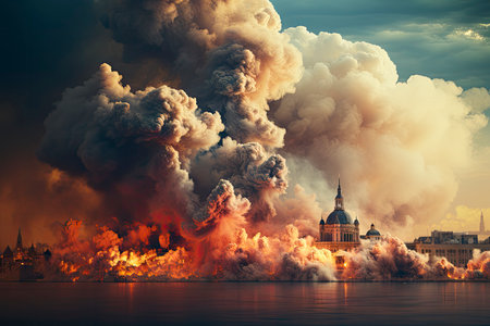 Dense smoke column rises over cityscape, suggesting fire or explosion. Dark, gray, orange hues; dramatic sky contrastの素材