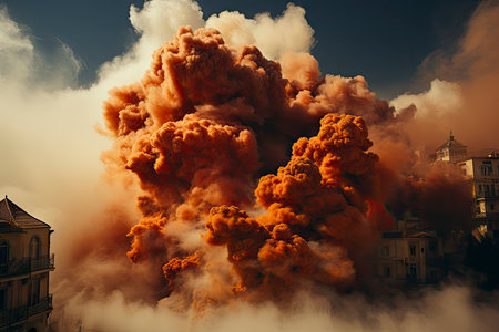 Dense smoke column rises over cityscape, suggesting fire or explosion. Dark, gray, orange hues; dramatic sky contrastの素材