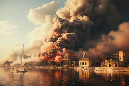 Dense smoke column rises over cityscape, suggesting fire or explosion. Dark, gray, orange hues; dramatic sky contrastの素材