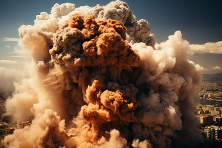 Dense smoke column rises over cityscape, suggesting fire or explosion. Dark, gray, orange hues; dramatic sky contrastの素材