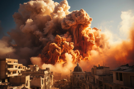 Dense smoke column rises over cityscape, suggesting fire or explosion. Dark, gray, orange hues; dramatic sky contrastの素材