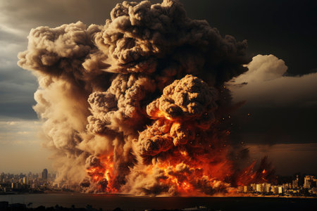 Dense smoke column rises over cityscape, suggesting fire or explosion. Dark, gray, orange hues; dramatic sky contrastの素材
