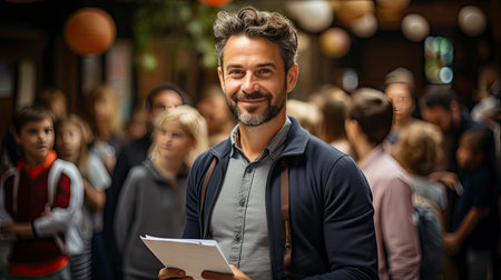 Confident man stands out in busy crowd, radiating charismaの素材