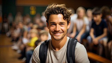 Smiling man in crowd, emanating confidence amid bustleの素材