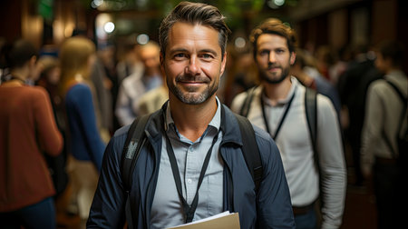 Smiling man in crowd, emanating confidence amid bustleの素材