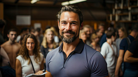 Smiling man in crowd, emanating confidence amid bustleの素材