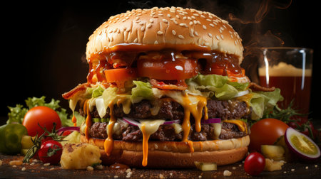 Double beef and bacon burger with cheddar cheese and chips on a wooden board on a table, ready to eat. Size XLの素材