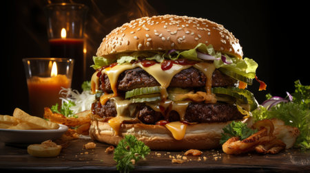 Double beef and bacon burger with cheddar cheese and chips on a wooden board on a table, ready to eat. Size XLの素材