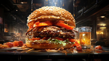 Double beef and bacon burger with cheddar cheese and chips on a wooden board on a table, ready to eat. Size XLの素材