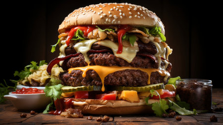 Double beef and bacon burger with cheddar cheese and chips on a wooden board on a table, ready to eat. Size XLの素材