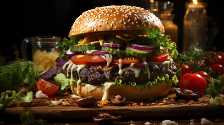 Double beef and bacon burger with cheddar cheese and chips on a wooden board on a table, ready to eat. Size XLの素材