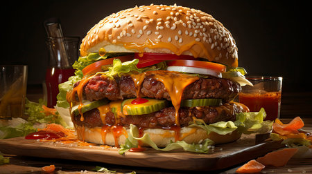 Double beef and bacon burger with cheddar cheese and chips on a wooden board on a table, ready to eat. Size XLの素材