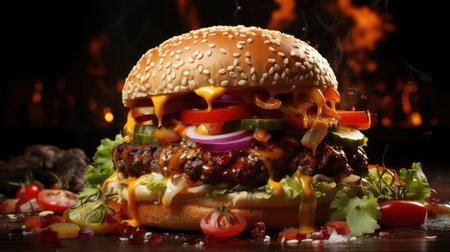 Double beef and bacon burger with cheddar cheese and chips on a wooden board on a table, ready to eat. Size XLの素材