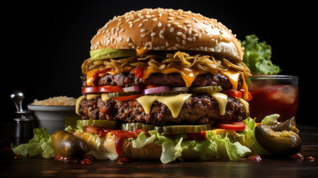 Double beef and bacon burger with cheddar cheese and chips on a wooden board on a table, ready to eat. Size XLの素材