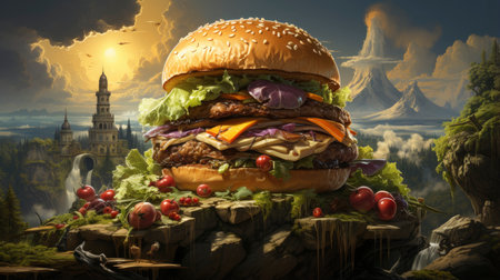 Double beef and bacon burger with cheddar cheese and chips on a wooden board on a table, ready to eat. Size XLの素材