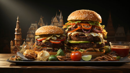 Double beef and bacon burger with cheddar cheese and chips on a wooden board on a table, ready to eat. Size XLの素材
