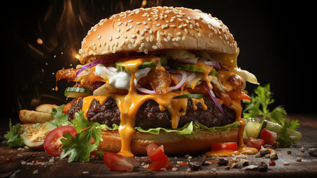 Double beef and bacon burger with cheddar cheese and chips on a wooden board on a table, ready to eat. Size XLの素材