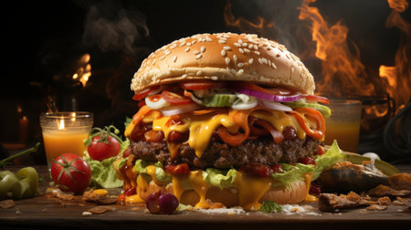 Double beef and bacon burger with cheddar cheese and chips on a wooden board on a table, ready to eat. Size XLの素材