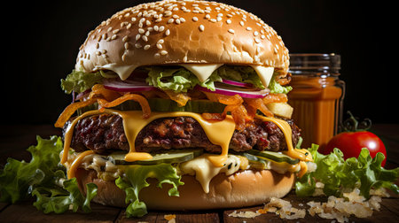 Double beef and bacon burger with cheddar cheese and chips on a wooden board on a table, ready to eat. Size XLの素材