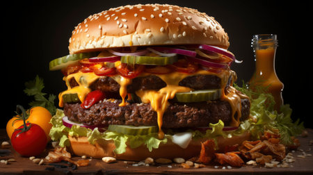 Double beef and bacon burger with cheddar cheese and chips on a wooden board on a table, ready to eat. Size XLの素材