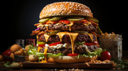 Double beef and bacon burger with cheddar cheese and chips on a wooden board on a table, ready to eat. Size XLの素材