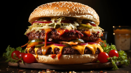 Double beef and bacon burger with cheddar cheese and chips on a wooden board on a table, ready to eat. Size XLの素材