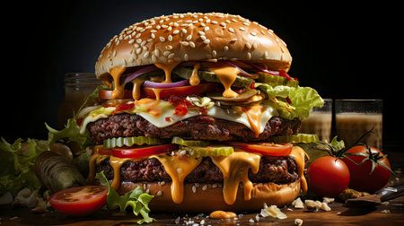 Double beef and bacon burger with cheddar cheese and chips on a wooden board on a table, ready to eat. Size XLの素材