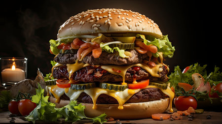 Double beef and bacon burger with cheddar cheese and chips on a wooden board on a table, ready to eat. Size XLの素材