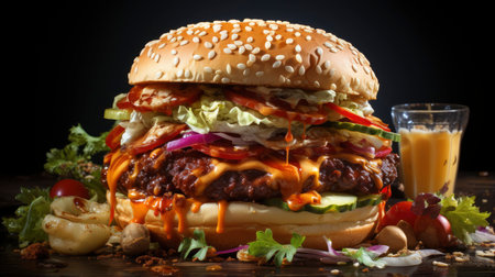 Double beef and bacon burger with cheddar cheese and chips on a wooden board on a table, ready to eat. Size XLの素材