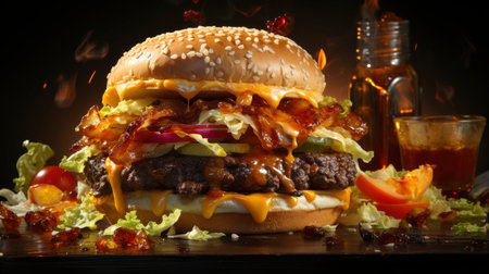 Double beef and bacon burger with cheddar cheese and chips on a wooden board on a table, ready to eat. Size XLの素材